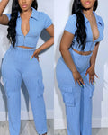 2 Pieces Outfit Polo Collar Short Sleeve Zip Up Slim Fit Crop Top and High Waist Elastic Waist Cargo Pockets Design Pants Set Casual Ribbed Set