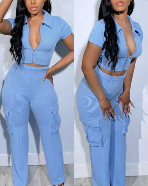 2 Pieces Outfit Polo Collar Short Sleeve Zip Up Slim Fit Crop Top and High Waist Elastic Waist Cargo Pockets Design Pants Set Casual Ribbed Set
