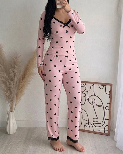 Women's Heart Print Lace Trim Ribbed Loungewear Set Long Sleeve Top and Wide Leg Pants Sweet Pajama Set