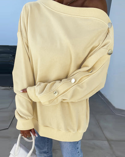 Skew Neck Buttoned Sweatshirt Casual Long Sleeve Pullover Tops Outfits