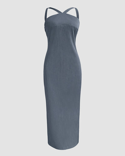 Halter Tied Detail Backless Slim Fit Dress Zipper Back Slit Maxi Dress