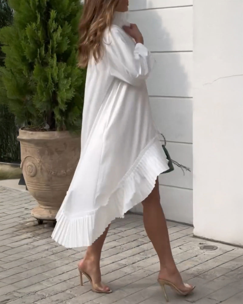 Pleated High Neck Button Down Asymmetrical Pleated Ruffle Hem Vacation Dress Casual High-Low Hem Loose Dress