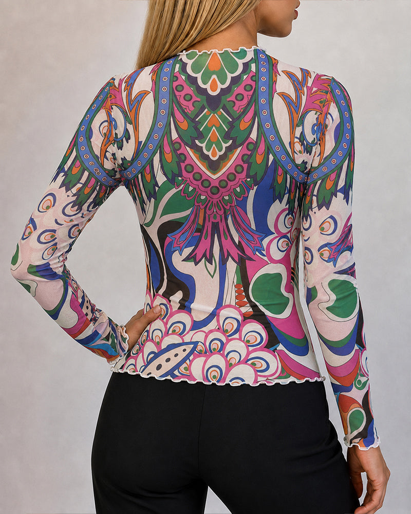 Women's Vintage Abstract Print Sheer Mesh Top Frill Trim Mock Neck Long Sleeve Tee