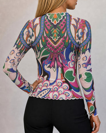 Women's Vintage Abstract Print Sheer Mesh Top Frill Trim Mock Neck Long Sleeve Tee