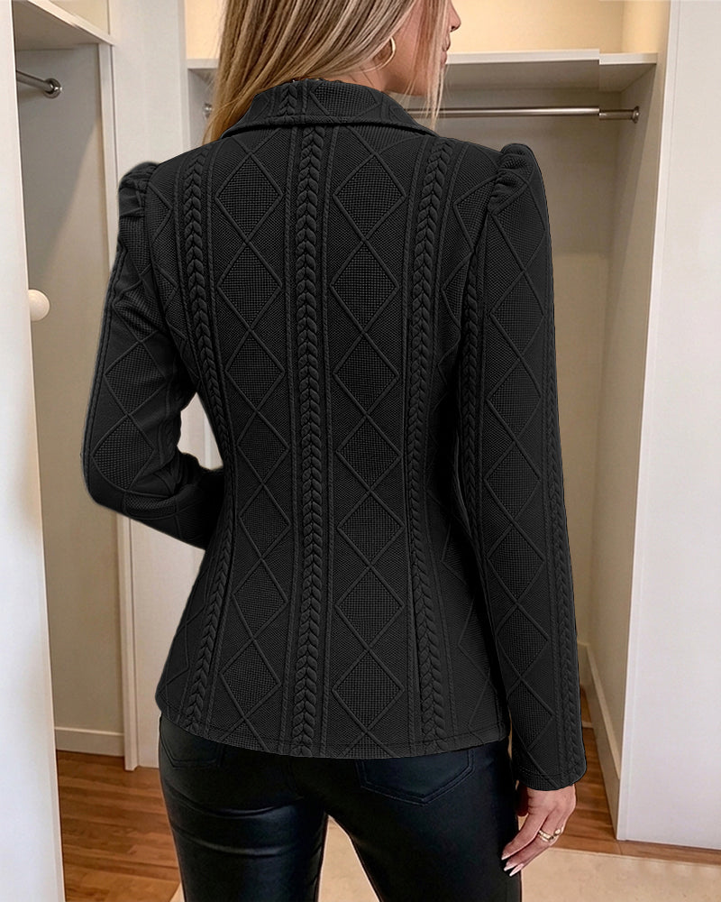 Women's Elegant Argyle Textured Blazer Slim Fit Puff Sleeve Suit Jacket Gold Button Work Office Commuter Blazer with Pockets