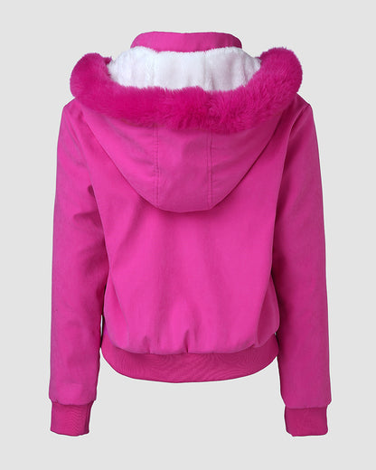 Fuzzy Trim Jacket Hooded Zip Up Fleece Lined Coat Outwear with Pockets