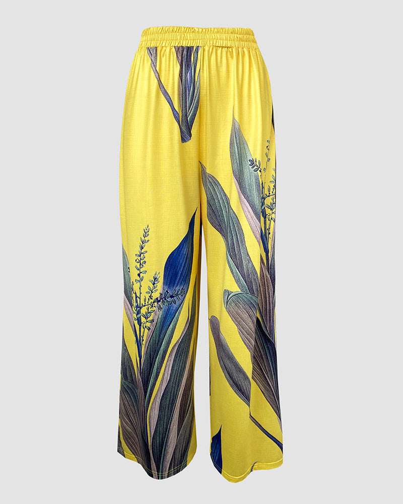 2 Pieces Outfit Plants Print Cold Shoulder Batwing Sleeve Top and Casual Wide Leg Pants Set