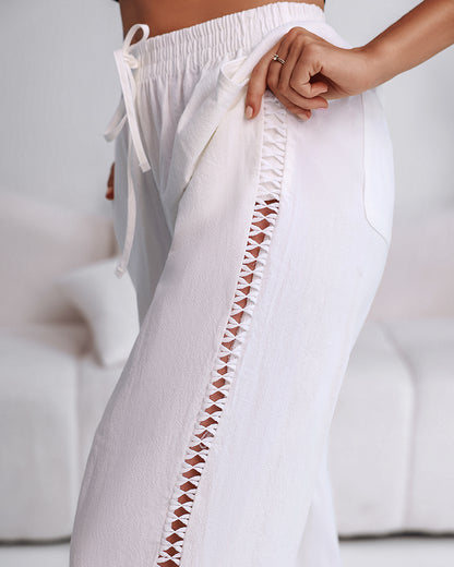 Hollow Out Lace Patch Pocket Design Casual Pants