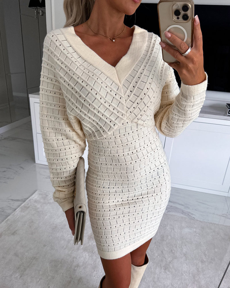 V-Neck Hollow Out Long Sleeve Knit Dress 1 V-Neck Hollow Out Long Sleeve Knit Dress