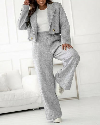 CHICME Women's 2-Piece Set Casual Cropped Blazer and High Waist Wide Leg Pants Set Relaxed Fit Suit Outfits