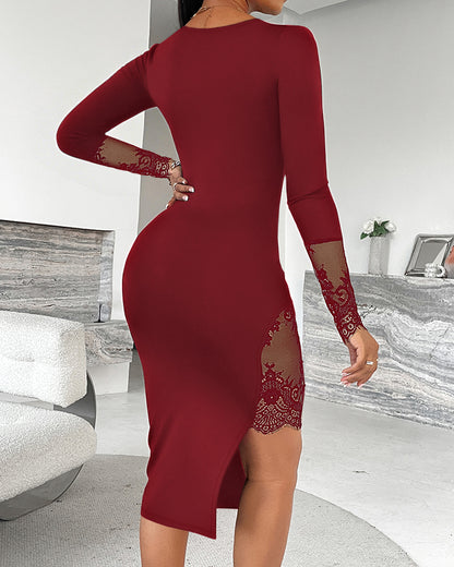 Square Neck Long Sleeve Eyelash Lace Spliced Slit Evening Dress Zipper Back Asymmetrical Hem Slim Fit Dress