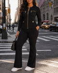 Women's 2 Piece Tracksuit Set Gold Zip Crewneck Jacket and High Waist Flare Pants Set