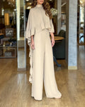 2 Pieces Outfit High Neck Hollow-out Back Ruffles High-Low Hem Cape and Casual Elastic Back Waist Wide Leg Pants Set