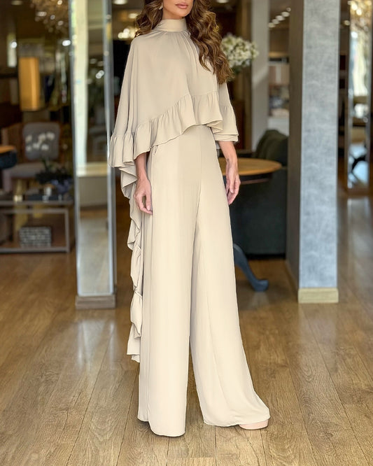 2 Pieces Outfit High Neck Hollow-out Back Ruffles High-Low Hem Cape and Casual Elastic Back Waist Wide Leg Pants Set