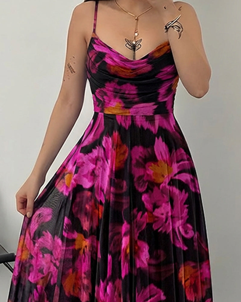 Vintage Oil Painting Floral Print Cowl Neck Adjustable Spaghetti Straps A Line Dress Elegant Cinched Waist Zipper Back Party Dress