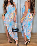 Women's Watercolor Floral Print Tube Dress Sexy Strapless Ruched Bodycon Dress Asymmetrical Double Layer Vacation Sundress