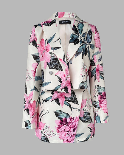 2 Pieces Outfit Notched Collar Double Breasted Crop Blazer and Elastic Back Waist Side Zipper Asymmetrical Hem Skort Set Casual Floral Print Commuting Set