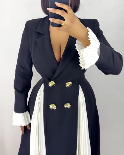 Colorblock Pleated Spliced Notched Collar Pleated Flared Cuff Double Breasted Blazer Dress Elegant Cinched Waist Flared Hem Commuting Dress