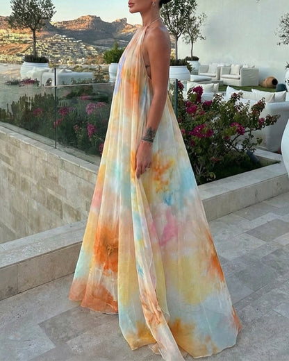 CHICME Women's Tie Dye Print Chiffon Maxi Dress Halter Neck Backless Tied Flowy A-Line Long Dress for Vacation