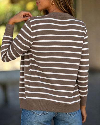 Women's Striped Knit Cardigan Casual Crewneck Button Down Sweater Vintage French Style Long Sleeve Top