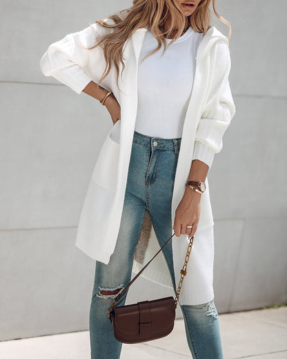 Letter Heart Pattern Long Cardigans Knitted Open Front Oversized Hooded Outerwear Sweater Coat