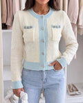 Women's Contrast Binding Knit Cardigan Pearl Beaded Textured Cropped Sweater Elegant Rhinestone Button Coat