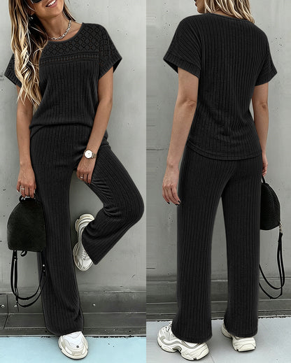 Women's 2 Piece Knit Set Lace Patchwork Short Sleeve Top and Wide Leg Pants Casual Ribbed Brushed Lounge Set