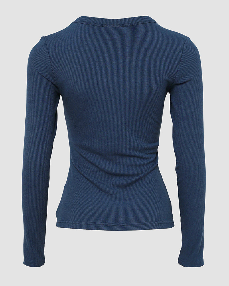 Women's V Neck Long Sleeve Ribbed Knit Top Slim Fit Base Layer Shirt Soft Stretchy Casual Tee with Built-in Bra