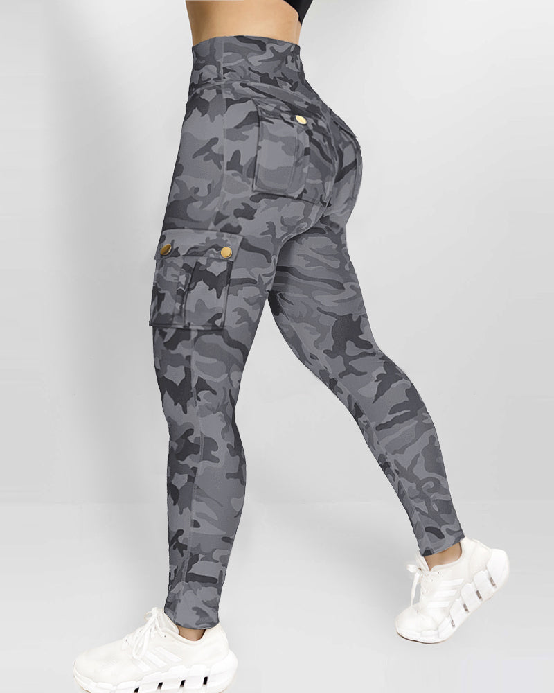 Camouflage Print High Waist Skinny Leggings with Cargo Flap Pockets Casual Pants