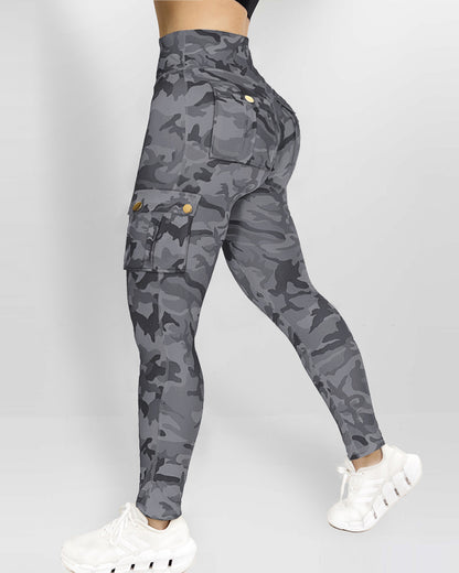 Camouflage Print High Waist Skinny Leggings with Cargo Flap Pockets Casual Pants