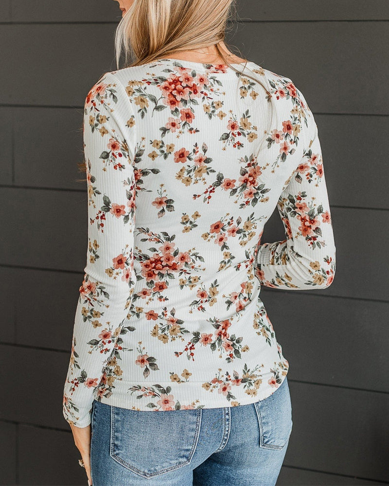 Women's Floral Print Henley Tee Ribbed Knit Slim Fit Long Sleeve Top