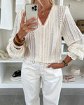 Women's V Neck Hollow Out Lace Shirt Sheer Mesh Lantern Long Sleeve Blouse Crochet Loose Casual Top