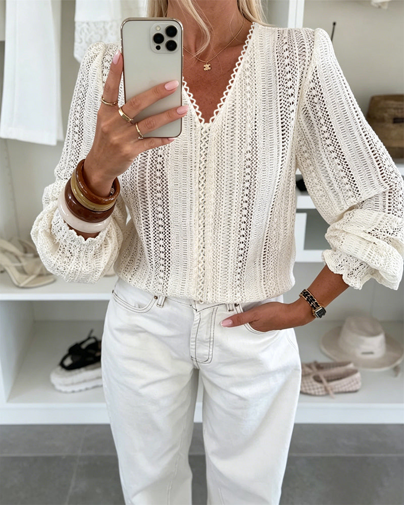 Women's V Neck Hollow Out Lace Shirt Sheer Mesh Lantern Long Sleeve Blouse Crochet Loose Casual Top