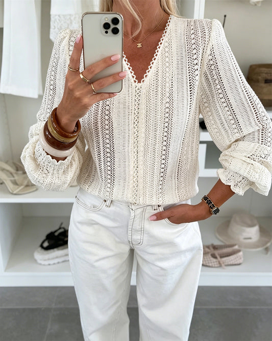 Women's V Neck Hollow Out Lace Shirt Sheer Mesh Lantern Long Sleeve Blouse Crochet Loose Casual Top