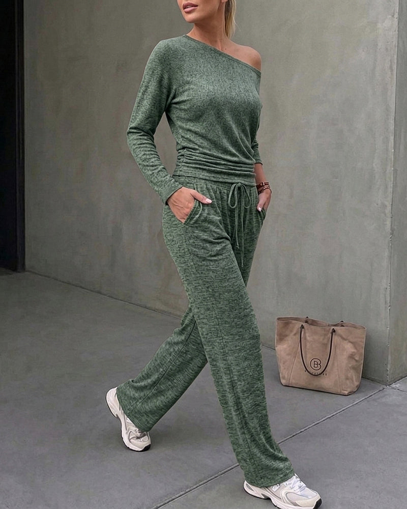 Ensemble 2 pièces femme : top froncé à encolure bateau modulable et manches longues et pantalon large à cordon de serrage