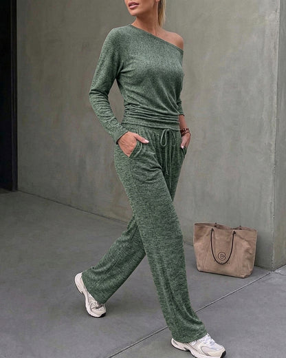 Ensemble 2 pièces femme : top froncé à encolure bateau modulable et manches longues et pantalon large à cordon de serrage