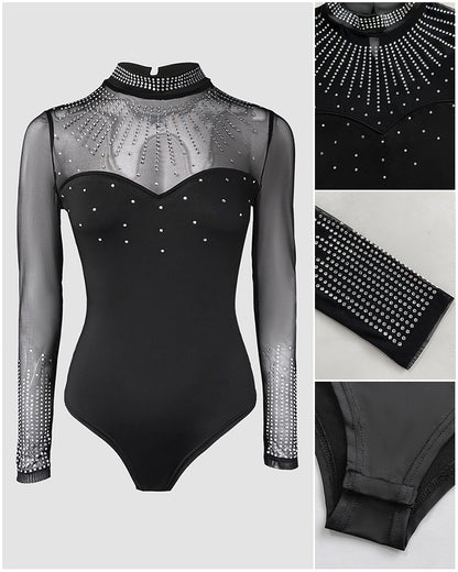 Rhinestone Decor Sheer Mesh Patch Bodysuit