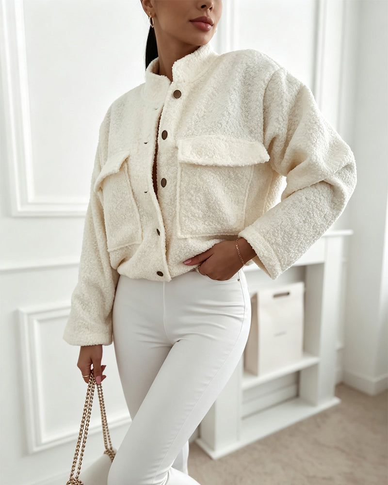Women's Stand Collar Fleece Lined Teddy Jacket Loose Button Down Flap Pocket Sherpa Outerwear