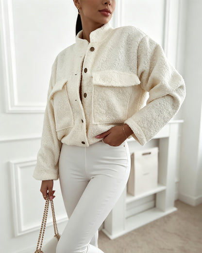 Women's Stand Collar Fleece Lined Teddy Jacket Loose Button Down Flap Pocket Sherpa Outerwear