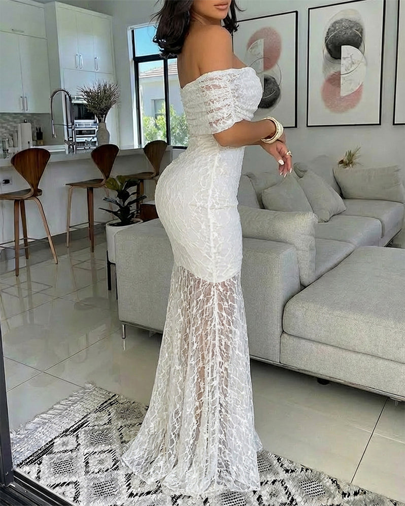 Foldover Off Shoulder Ruched Textured Lace Overlay Maxi Dress Elegant Mermaid Hem Evening Dress with Detachable Clear Adjustable Straps