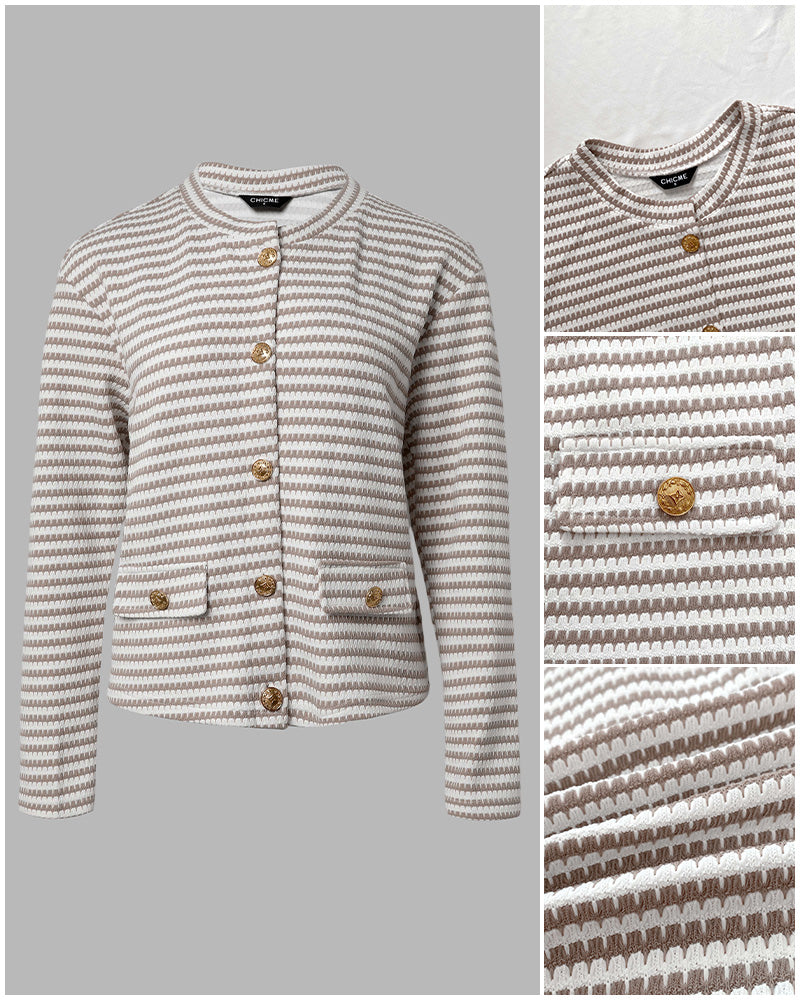 Women's Striped Textured Long Sleeve Crew Neck Gold Button Crop Coat