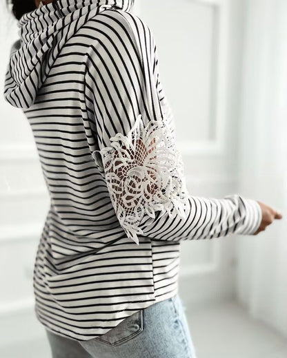 Striped Contrast Floral Lace Patchwork Long Sleeve Pullover Casual Lace Drawstring Hoodie Sweatshirt