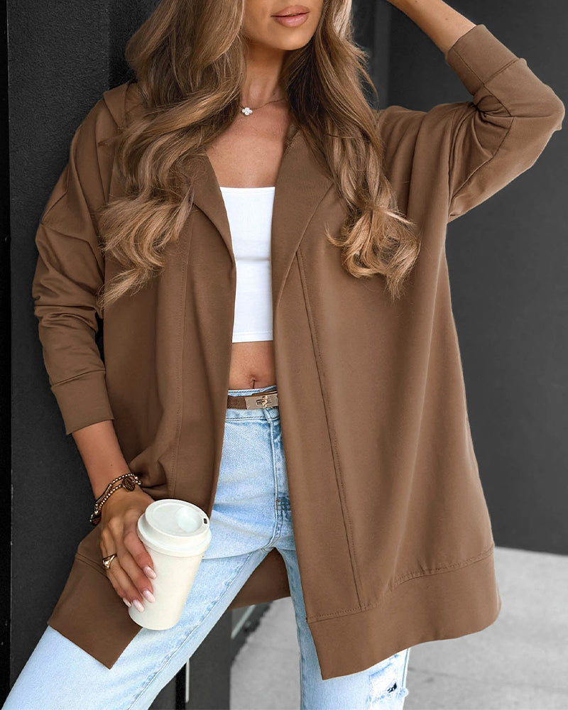 Women's Hooded Open Front Casual Loose Mid-Length Coat with Pockets
