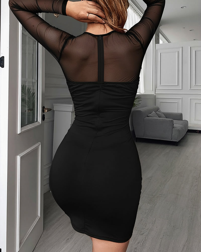 Rhinestone Decor Sweetheart Neck Sheer Mesh Spliced Mini Dress Mesh Long Sleeve Zipper Back Bodycon Dress