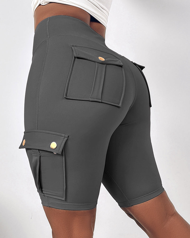 Tummy Control Butt Lifting Active Shorts High Waist Flap Pocket Workout Bermuda Cargo Running Shorts