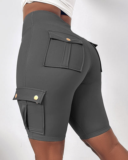 Tummy Control Butt Lifting Active Shorts High Waist Flap Pocket Workout Bermuda Cargo Running Shorts