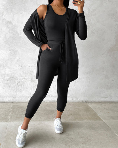 3 Piece Lounge Set Crewneck Sleeveless Tank Top Long Sleeve Open Front Coat Pants Sweatsuit