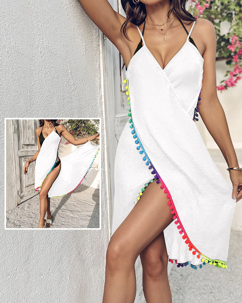 Women's Pom Pom Beach Cover Up Backless Wrap Sheer Swimsuit Vacation Cami Dress