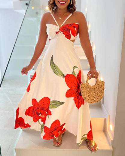 Floral Print Halter Sleeveless Hollow-out Front Cami Dress Casual Cutout Waist Maxi Dress