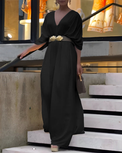 Deep V-Neck Ruched Three Quarters Sleeve Backless Overalls Casual Waist-Gathered Tied Detail Jumpsuit without Belt